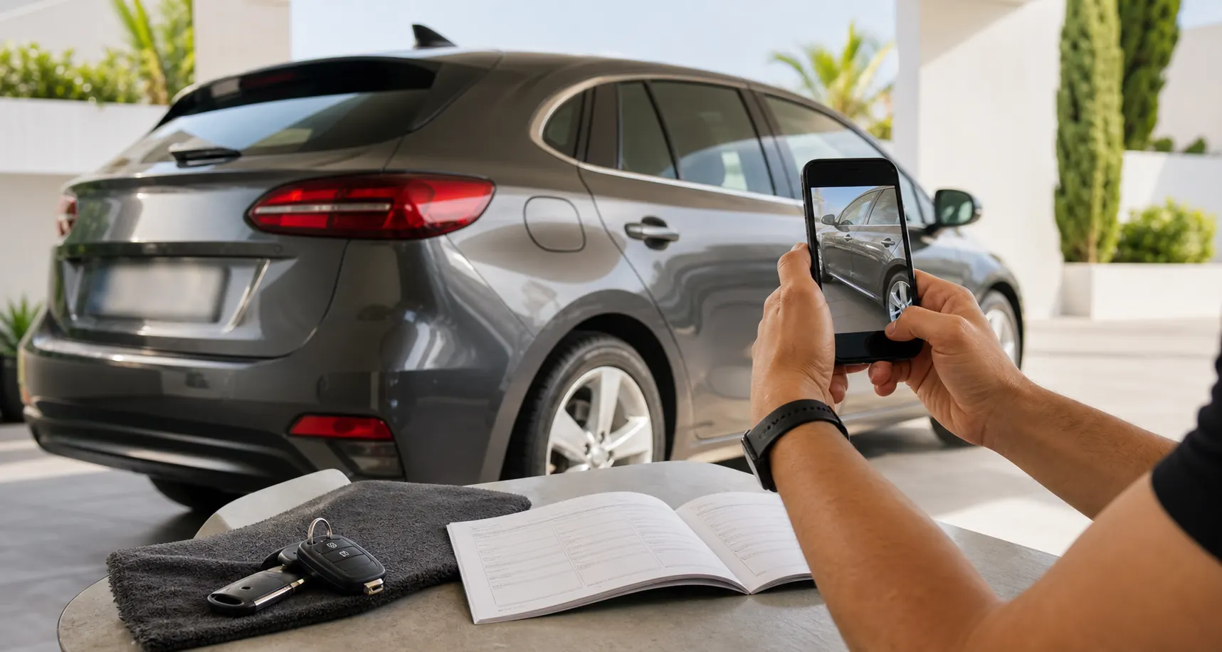Seller preparing car listing photos with blurred license plate